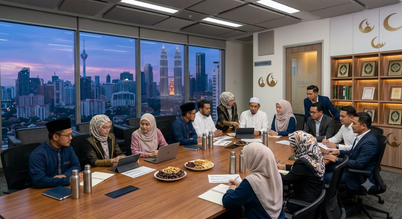 Pasukan Prompt Pay bermesyuarat di pejabat dengan pemandangan Kuala Lumpur